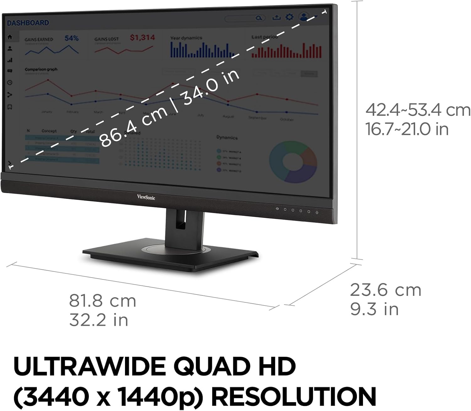 Umdwebo okhombisa ubukhulu be- ViewSonic VG3456A monitor in both centimeters and inches.