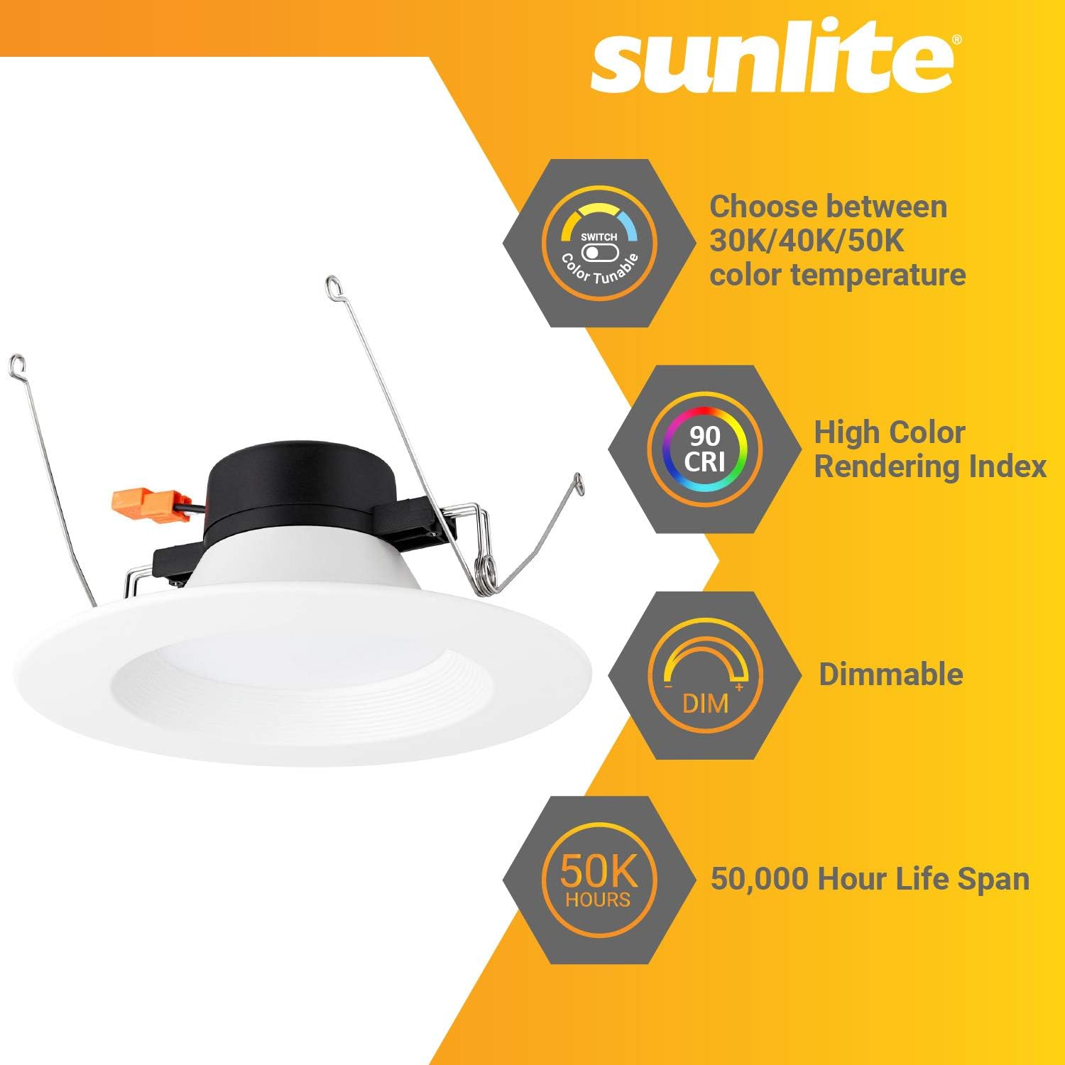 Sunlite LED Retrofit 5/6-Inch Round Recessed Downlight CCT Selectable 30K/40K/50K Color Temperature, Dimmable, Medium Base (E26) Adapter, 90 CRI, 15 Watts, ETL Listed, 6 Pack