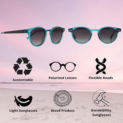 Miniatura 7 de Gafas de sol redondas azules transparentes para hombres o mujeres, lentes polarizadas grises degradadas, lentes rectas. varillas de madera, ligeras,