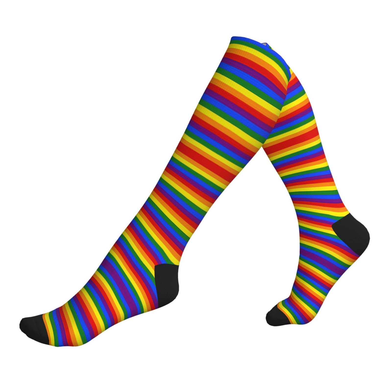 Duwaa Unisex 2 Black-2 Rainbow Pattern Print Compression Socks, 15-20 Mmhg Circulation Socks, Moisture-Wicking Athletic Long Socks