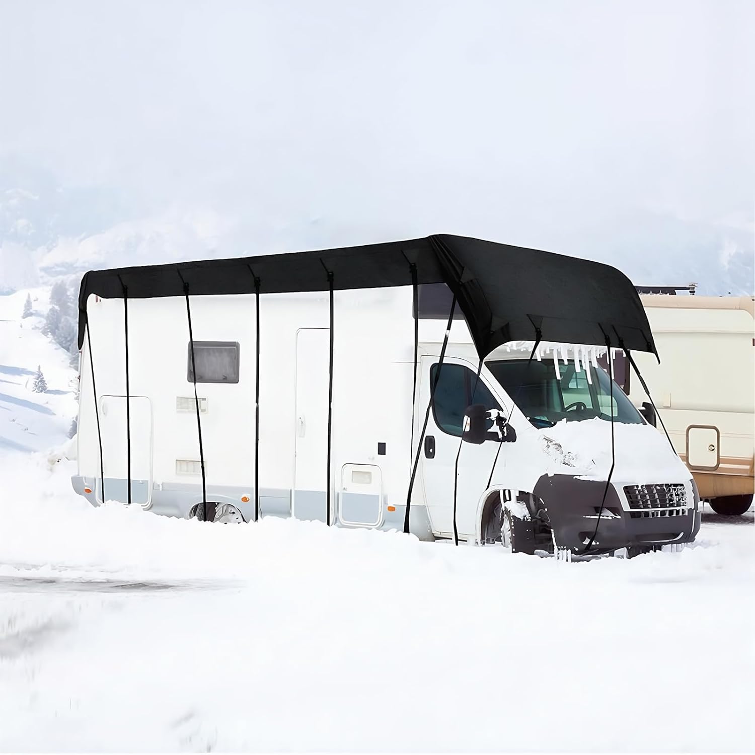 210D Oxford Rv Cover for Roof Heavy Duty Waterproof Wind, Rain and Snow Proof RV Roof Cover for Class A/B/C Motorhomes Popup & Truck Campers Travel Trailer Black 9.5X3M