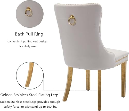 Miniatura 6 de Juego de 6 sillas de comedor de terciopelo beige, sillas de comedor tapizadas con ribete de anillo trasero y patas de acero inoxidable doradas,