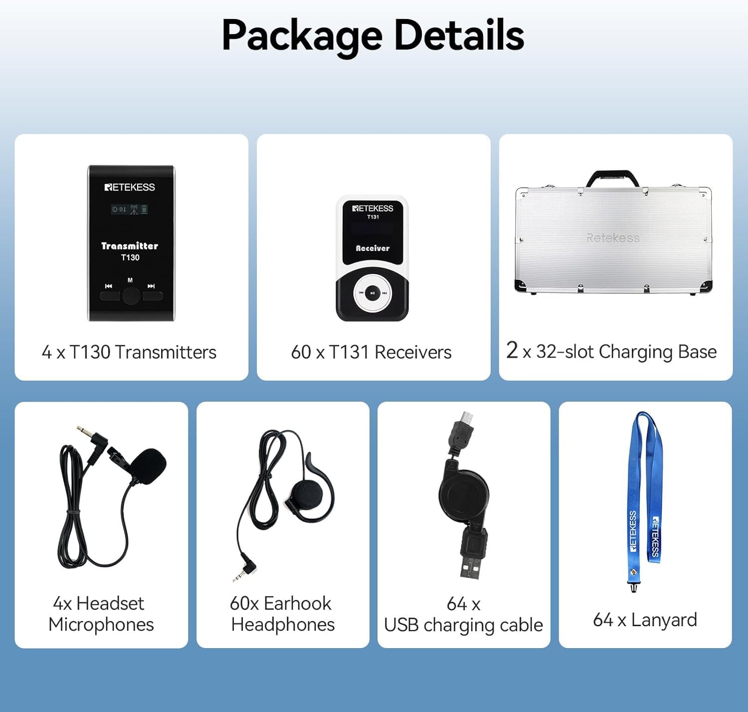 Retekess T130-T131 Tour Guide System, Tragbar Sistema di Guida Turistica, 99 Kanal, Standby 25H, Adatto per Turismo, Visite in Fabbrica (4 Trasmettitori 60 Ricevitori 2 Scatole di Ricarica)