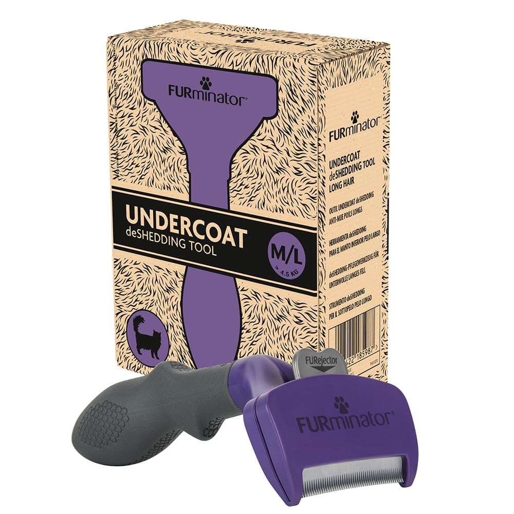 FURminator deShedding,Cepillo para Gatos medianos/Grandes de Pelo Largo,M/L | Eliminar el subpelo | Eliminar el pelo suelto | Skin Guard | Mango ergonómico y antideslizante | Embalaje reciclable