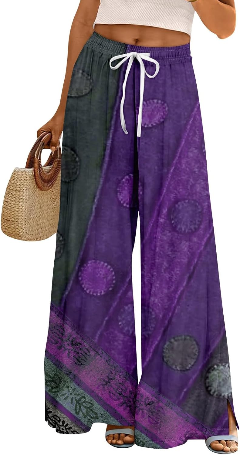 Exercise Clothes for Women Boho Pants Wide Leg 2025 Summer Floral Print Palazzo High Waist Lounge Trousers with Pockets