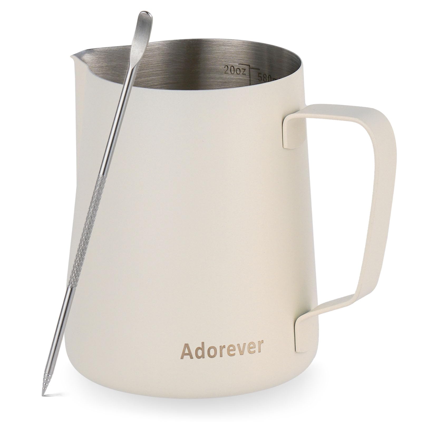 Photo 1 of Milk Frothing Pitcher, 600ml/20oz Steaming Pitchers Stainless Steel Milk Coffee Cappuccino Latte Art Barista Steam Pitchers Milk Jug Cup with Decorating Art Pen, Matte White