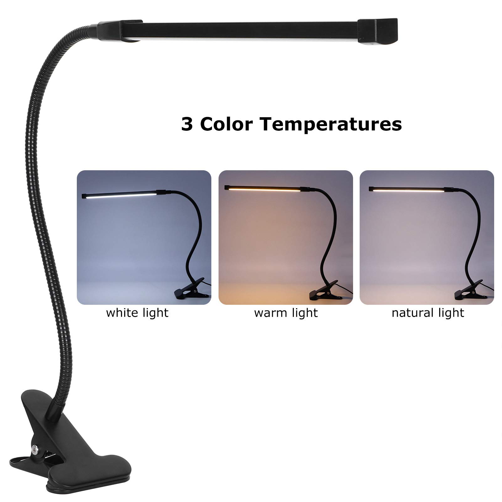 Luce a clip LED alimentata tramite USB, lampada da lettura regolabile in luminosità e con temperatura di colore a 3 livelli, dotata di collo d’oca flessibile; luce per libri