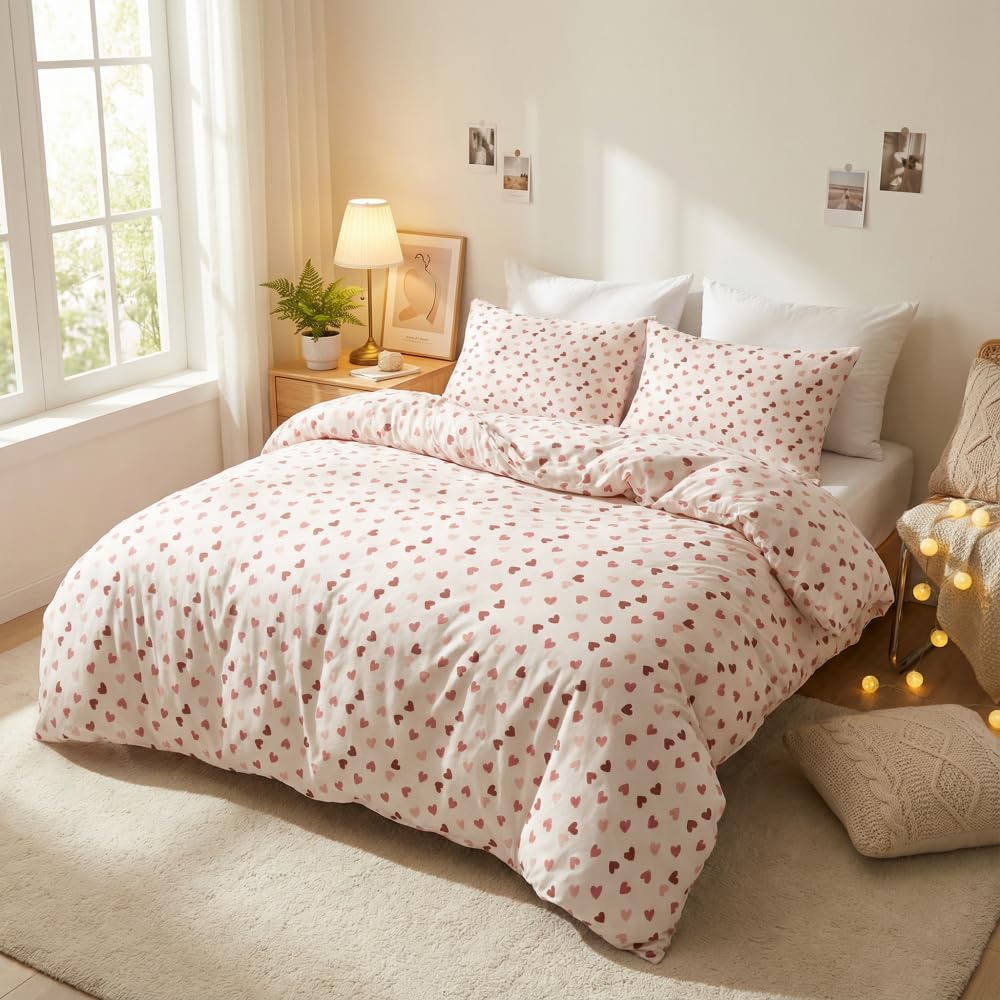 Covebett Beige Single Duvet Cover Sets Pink Brown Love Hearts Romantic Bedding Set Microfiber 2pcs Women Girls Aesthetic Heart Quilt Cover 135x200 cm with Zipper Closure and 1 Pillowcase 50x75 cm โ image 1