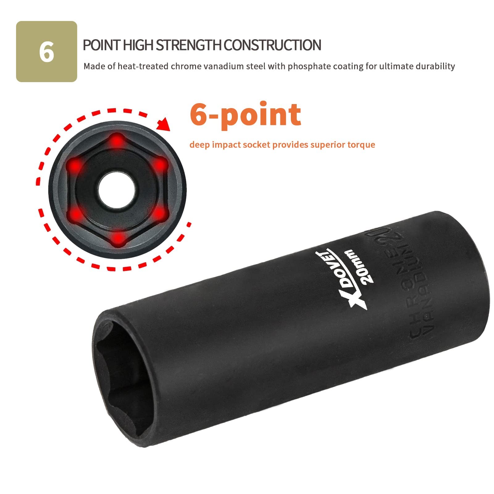 Zestaw nasadek 1/2" 10-24 mm, 21 sztuk, stal chromowo-wanadowa (CR-V), metryczna, sześciokątna, z drążkiem przedłużającym 3", 5" i 10"