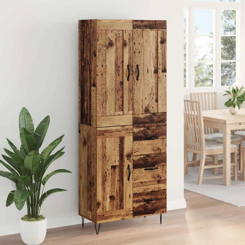 Komoda z drewna starego drewna, 69,5 x 34 x 180 cm, komoda z szufladą i 3 drzwiami, nowoczesna szafka do kuchni i jadalni, wszechstronne miejsce do przechowywania, łatwa w pielęgnacji i łatwa