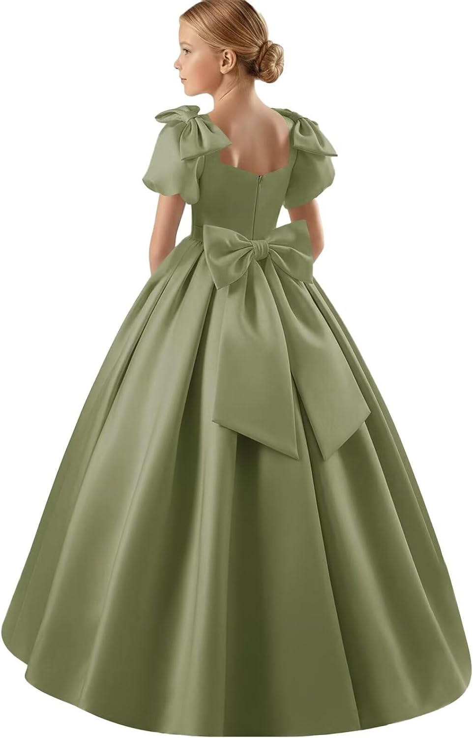 Satin Flower Girl Dresses Puff Sleeve Square Neck Long Birthday Party with Bow
