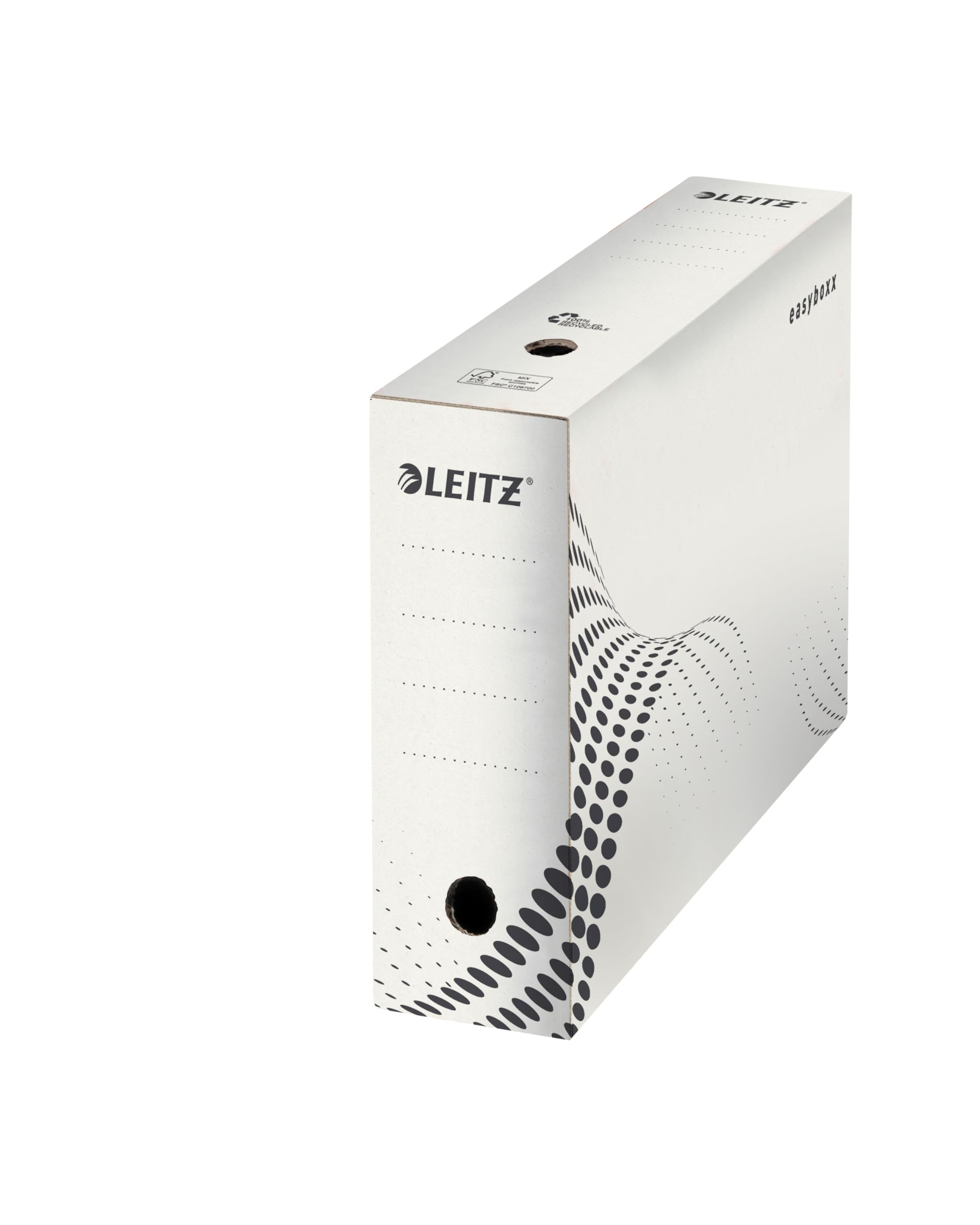 Leitz easyboxx 61320000 Archive Box, 100 mm Spine Width, A4 File Box, Storage Box for up to 900 Sheets, Geometric Design, Pack of 25, White/Grey
