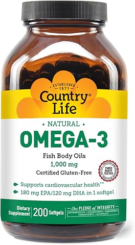 Country Life Suplemento de aceite de pescado omega-3, 1000 mg, 180 mg de EPA y 120 mg de DHA, concentrado de aceite de pescado, sin erupciones, 200
