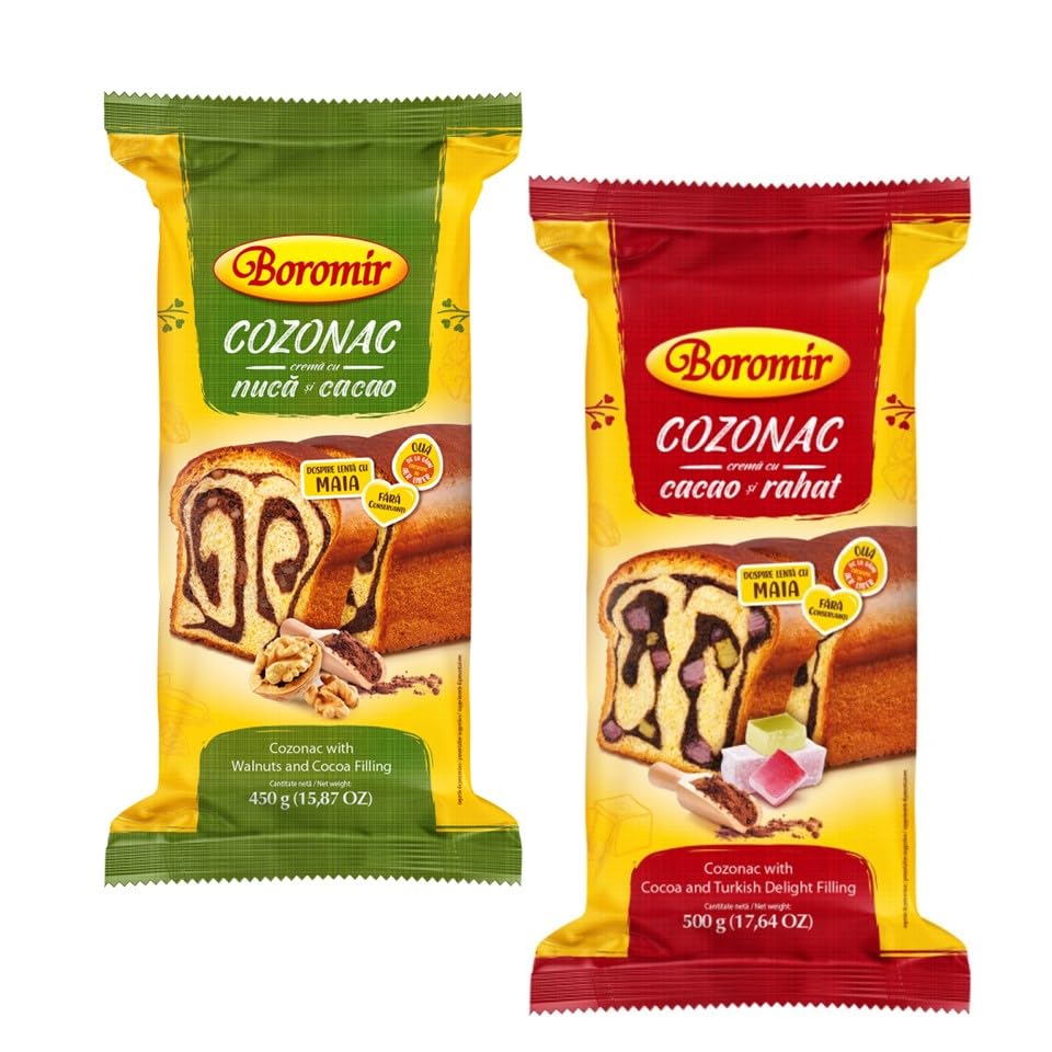 Boromir Cozonac Walnuts and Cocoa & Turkish Delight Filling Swirl Cake Sweet Breads - 2 Pack