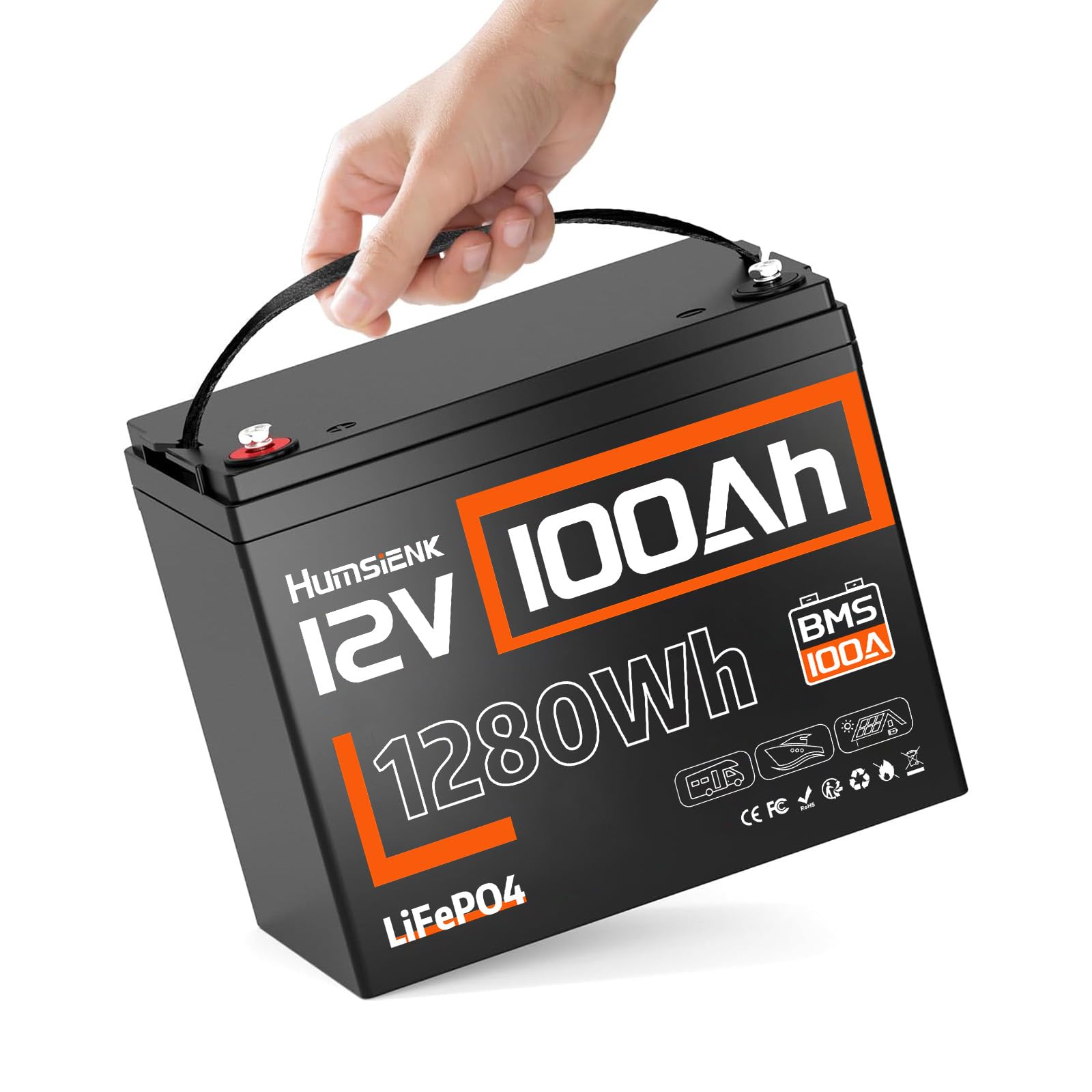 12V 100Ah LiFePO4 Battery Lithium Deep Cycle, Group 24 Size, Built-in 100A BMS, 1280Wh Energy, 15000+ Cycles for RV Solar Off-Grid Marine Trolling Motor, Portable Power for Camping (10-Year Lifespan)
