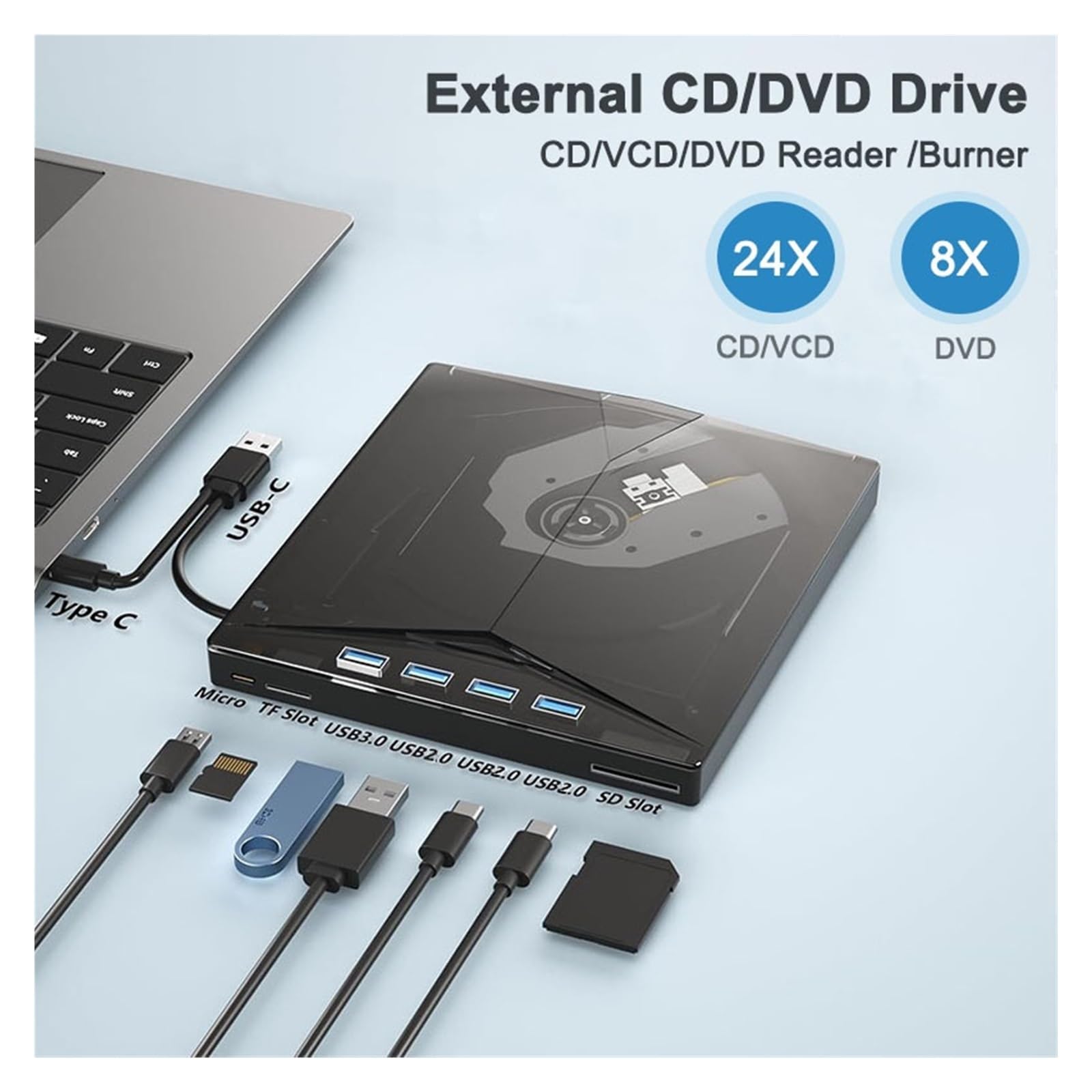 Przenośny zewnętrzny czytnik DVD CD +/-RW 7 w 1 z USB 3.0 typu C i czytnikiem kart SD TF USB