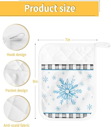 Miniatura 3 de Juego de 4 agarraderas de tela de toalla con bolsillo antideslizante y aislante de calor con diseño de copo de nieve azul para horno, posavasos