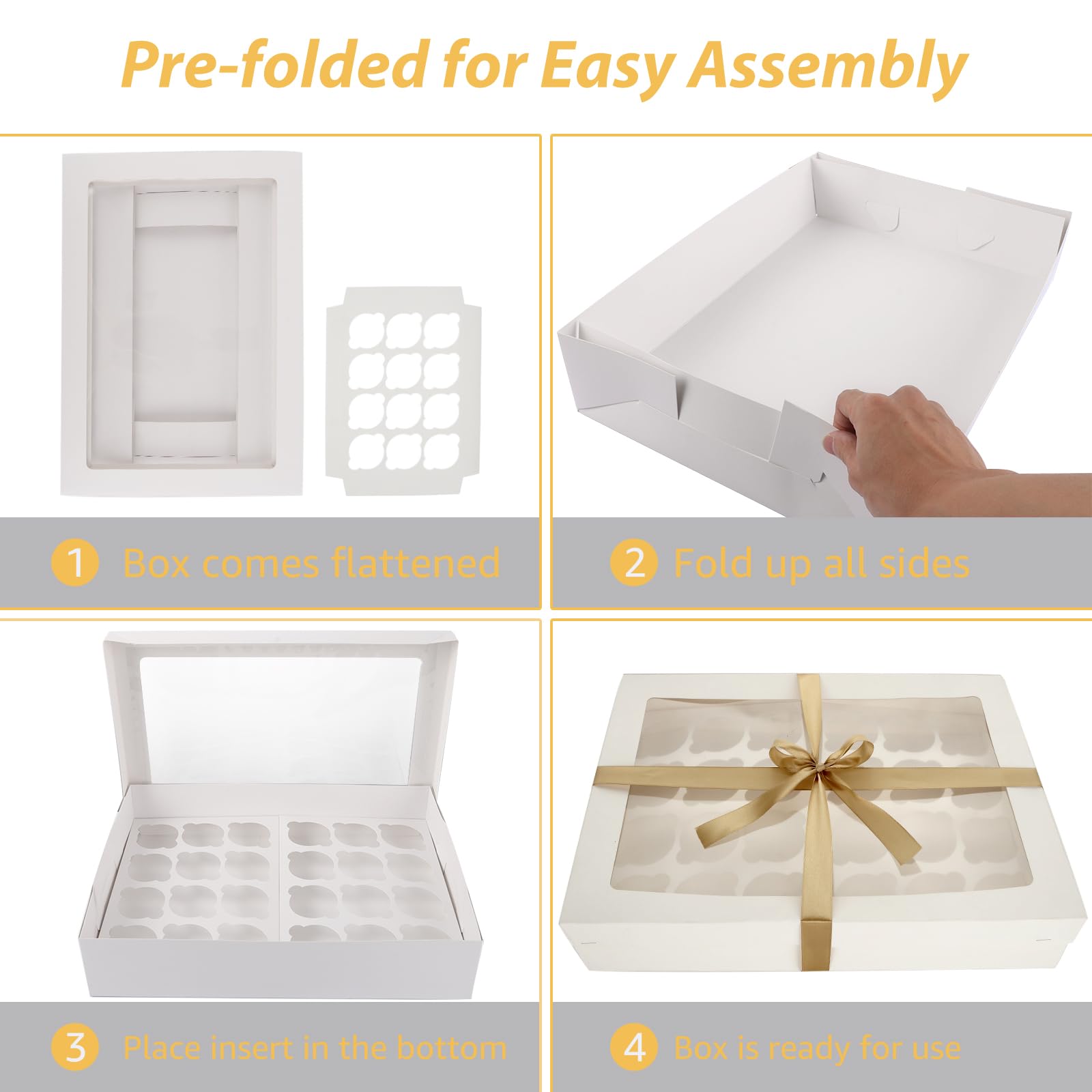 Paquete de 10 cajas para cupcakes, 24 recipientes desechables para cupcakes, 24 unidades con ventana, soporte blanco para cupcakes y pasteles