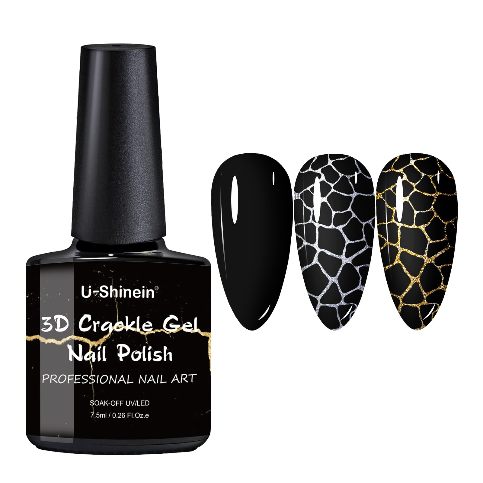 U-Shinein Nail Polish, 3D Crackle Gel Nail Polish, Magic Black Crackle Nail Polish, Amazing Crackle Effect Patterned Nail, Long-lasting & Cool Crackle Air Dry UV LED Lamp Needed Nail Gel Polish - Migic black crackle gel