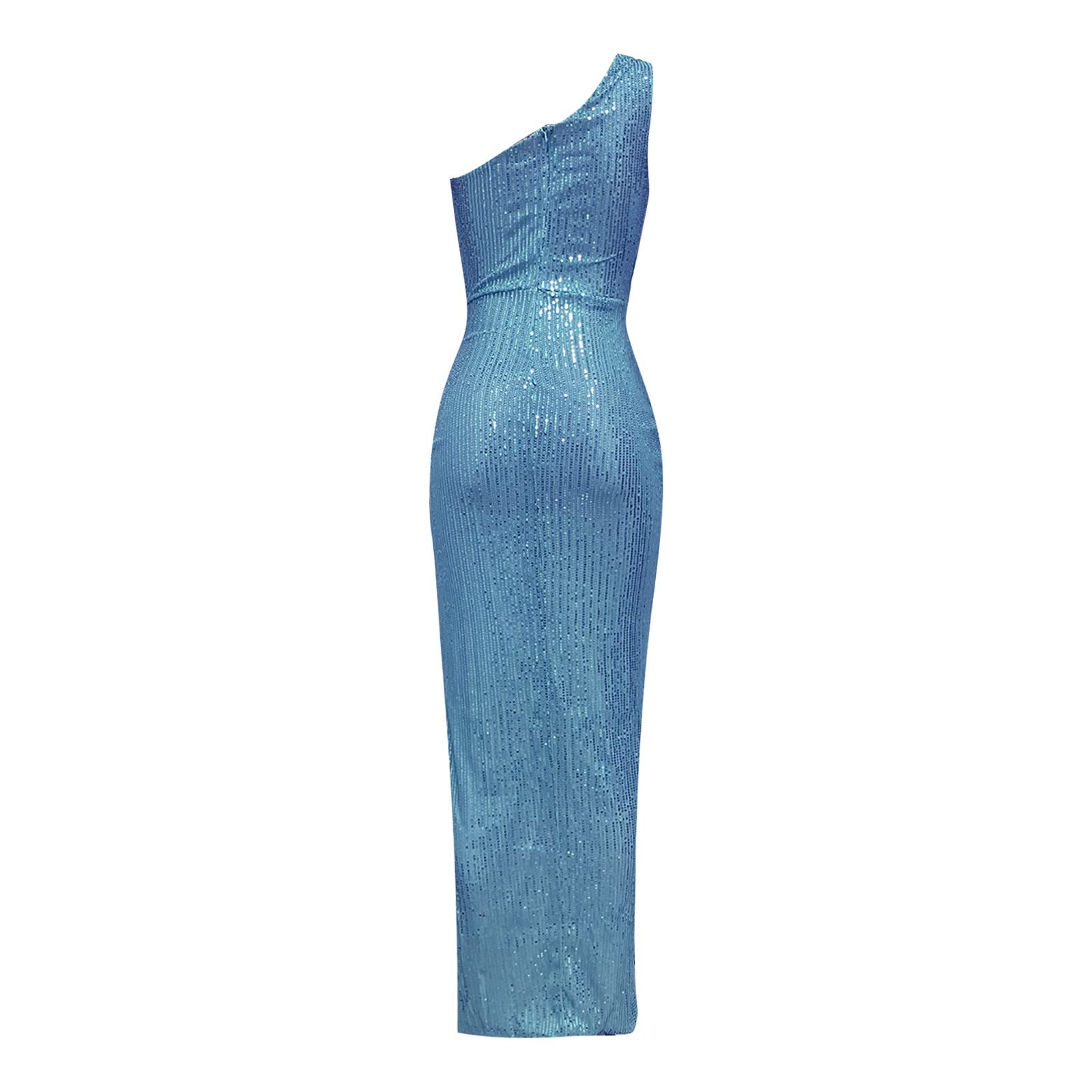 Abito Elegante Donna Lungo - Abito da Donna con Paillettes Plissettato con Spacco in Vita E Cravatta