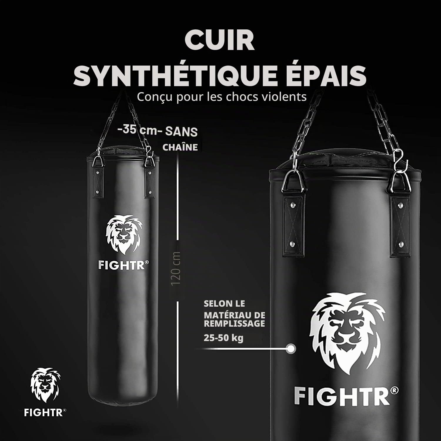 Sac de Frappe FIGHTR® Premium - Confort de Frappe élevé et très Robuste - Sac de Frappe Suspendu Non rempli/rempli 120x35cm avec chaîne Lourde pour la Boxe, Les Arts Martiaux, Le MMA.