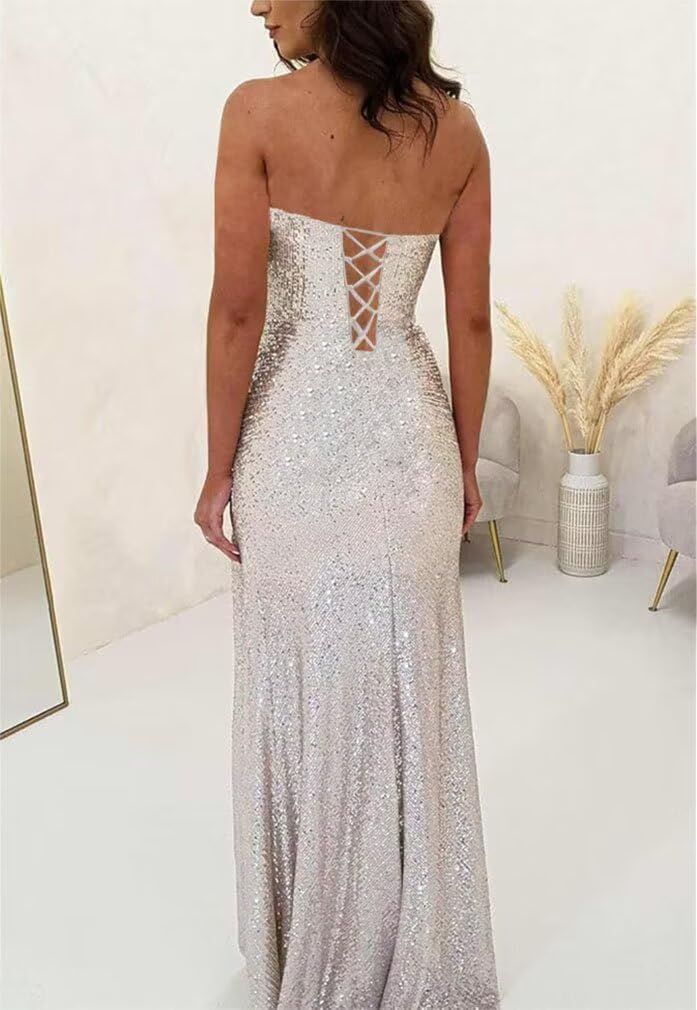Strapless Sequins Prom Dresses with Slit Long Mermaid Formal Evening Party Gown with Pleats