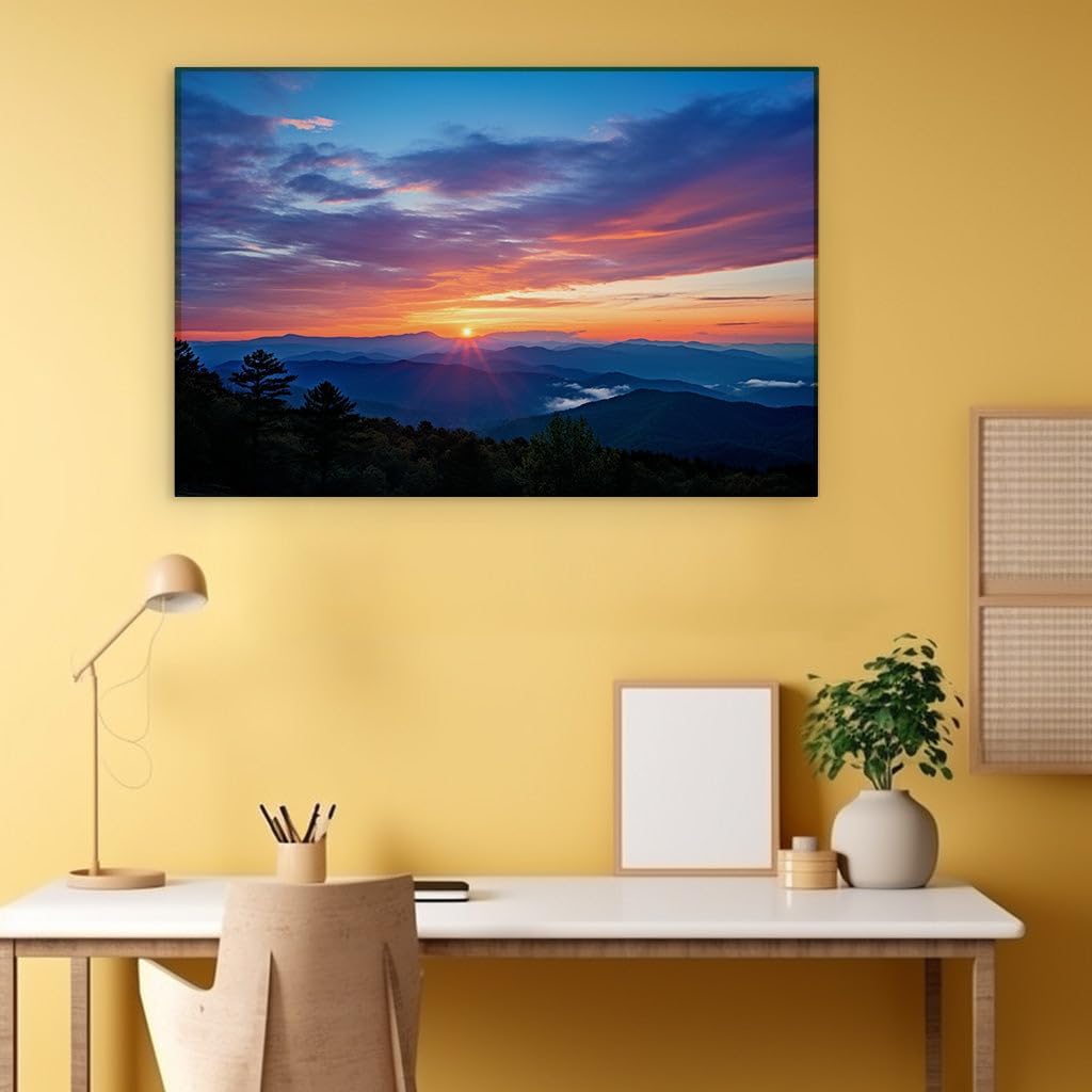 Canvas for Living room. Sunset Symphony: Nature's Palette Unfolds Over Mountain Majesty, 27 x 18 inch Canvas Wall Art - Beach Sunsets And Sunrises - Modern Home Decor - 69x46 cm (27x18 inch)