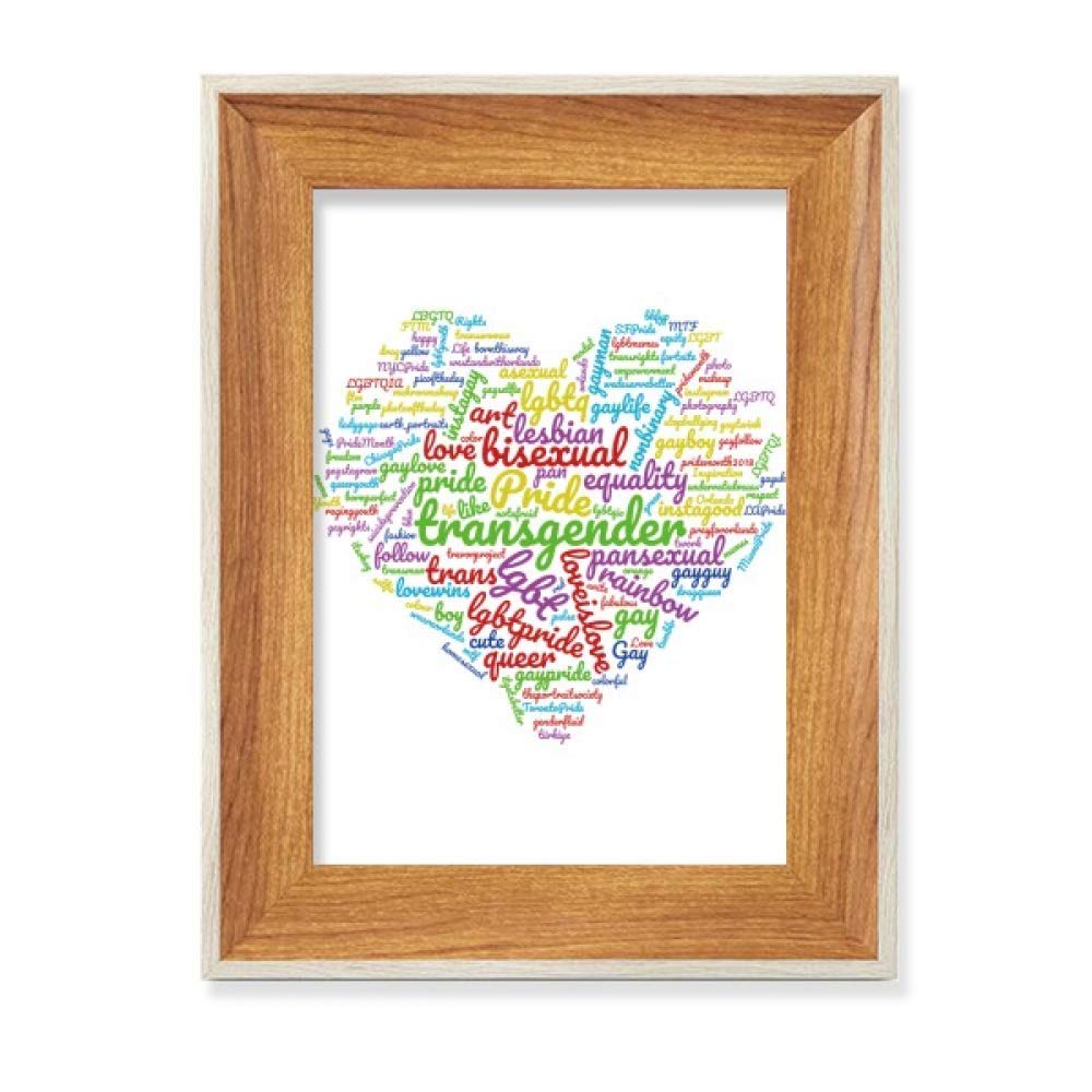 Marco de fotos de madera arcoíris LGBT para escritorio con diseño wordcloud de corazón