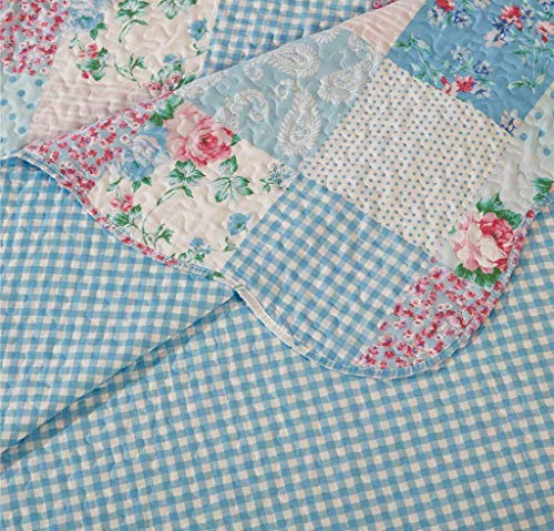 B&B Quilted Bedspreads Patchwork Throw - Box Pattern Cotton Filling Vintage Bedding Double Bed Bedspread - Hypoallergenic Quilt Coverlets Warm Bedding With Pillow Shams Floral Blue Blanket - Cosy Home Interiors B&B Quilted Bedspreads Patchwork Throw - Box Pattern Cotton Filling Vintage Bedding Double Bed Bedspread - Hypoallergenic Quilt Coverlets Warm Bedding With Pillow Shams Floral Blue Blanket - Image 2