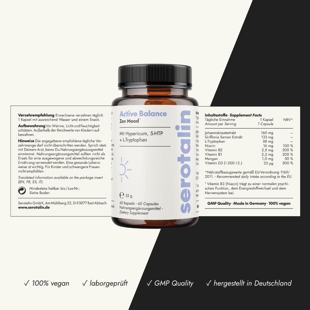 serotalin Active Balance Zen Mood | 60 hochdosierte Johanniskraut Kapseln mit Griffonia & L-Tryptophan, Vitamin D3, B-Komplex & Mangan | Ohne Koffein | Vegan