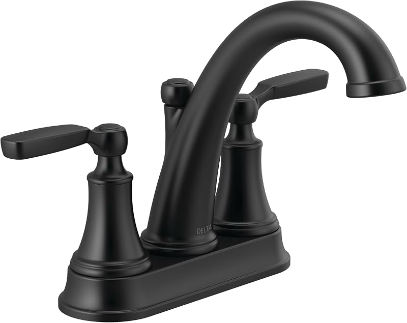 Grifo Woodhurst Centerset grifo de baño, grifo de baño negro de 2 manijas, grifo de fregadero de baño Delta, conjunto de drenaje de metal push-pop, negro mate 2532LF-BLMPU