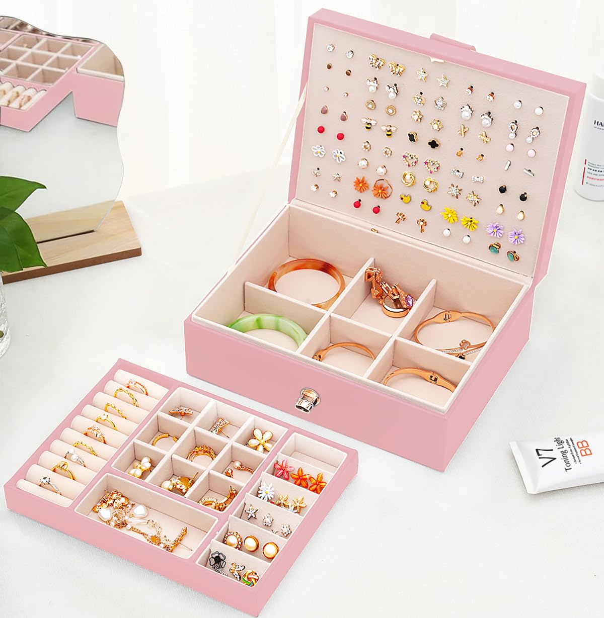 Girls Jewelry Box Earring Holder Organizer for Girls Earring Organizer Teen Jewelry Box Organizer for Girl Pink jewelry Boxes for Earrings Necklaces Rings Stud Earrings Box Organizers Teens