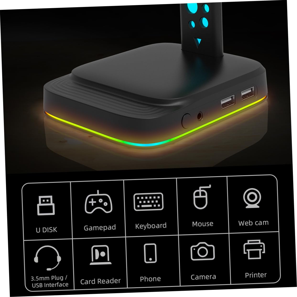 Homoyoyo Soporte para Auriculares para Escritorio Negro Luz Ajustable RGB y Puerto USB Doble Adecuado para Gaming PC y Organización de Auriculares