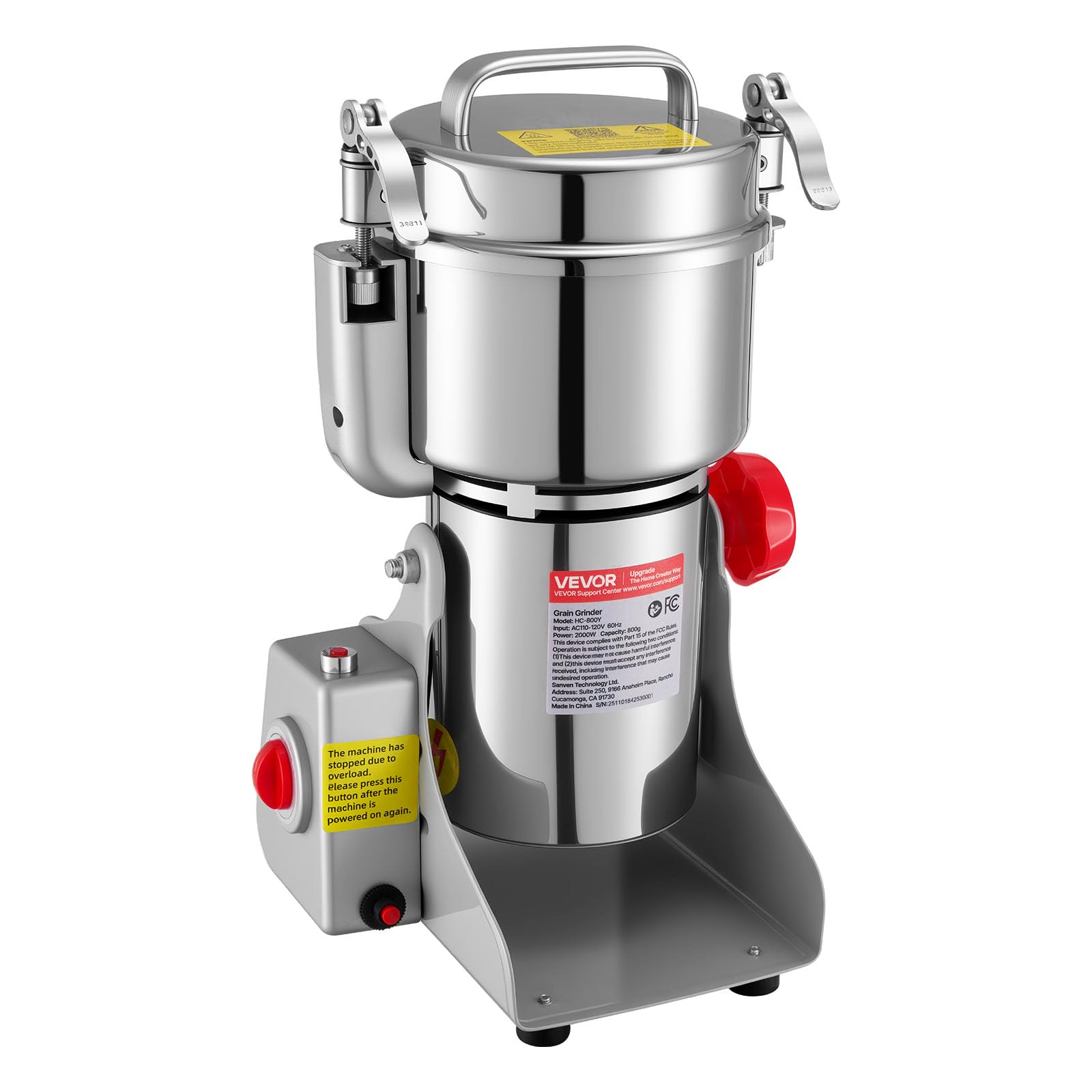 VEVOR Macina Spezie Elettrico Commerciale da 800 g, Polverizzatore in Acciaio Inossidabile ad Alta velocità da 2100 W, per Cereali Secchi, Spezie, Cereali, Caffè, Mais e Pepe, Tipo Oscillante