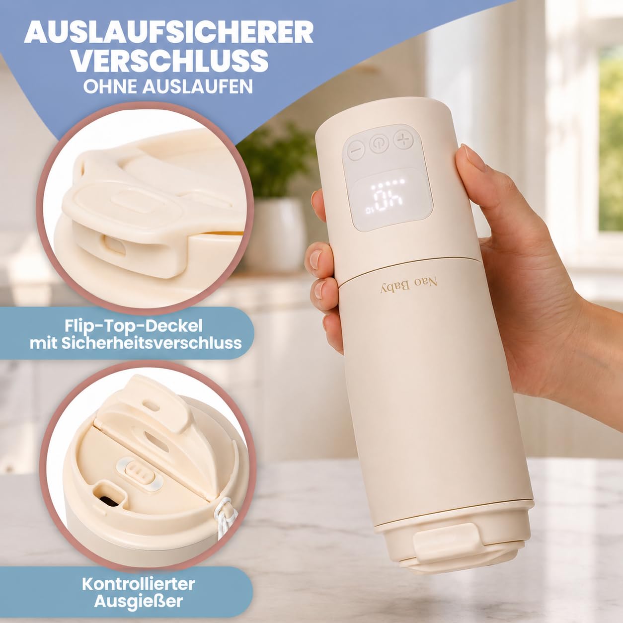 Flaschenwärmer Baby Unterwegs 2 in 1 mit Sterilisator für Babyflaschen – Kabelloser Babyflaschenwärmer, 10400 mAh Akku, Schnelles Aufladen, Präzise Temperaturregelung, Auslaufsicher