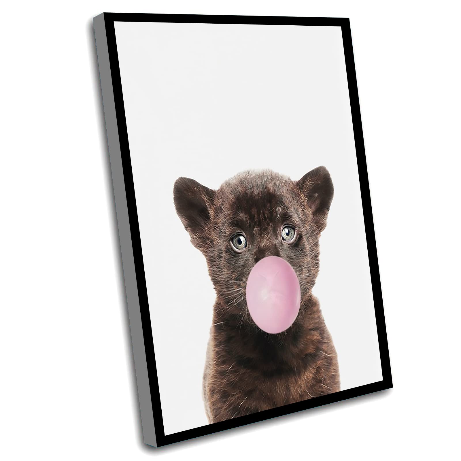 Woodland Nursery Decor For Girls,Black Panther Print,Pink Bubble Gum Art,Animal Wall Art,Baby Animals,Nursery Decor,Animal Prints For Nursery,Baby Room Decor Gift,16x24 Inch Framed Wall Art