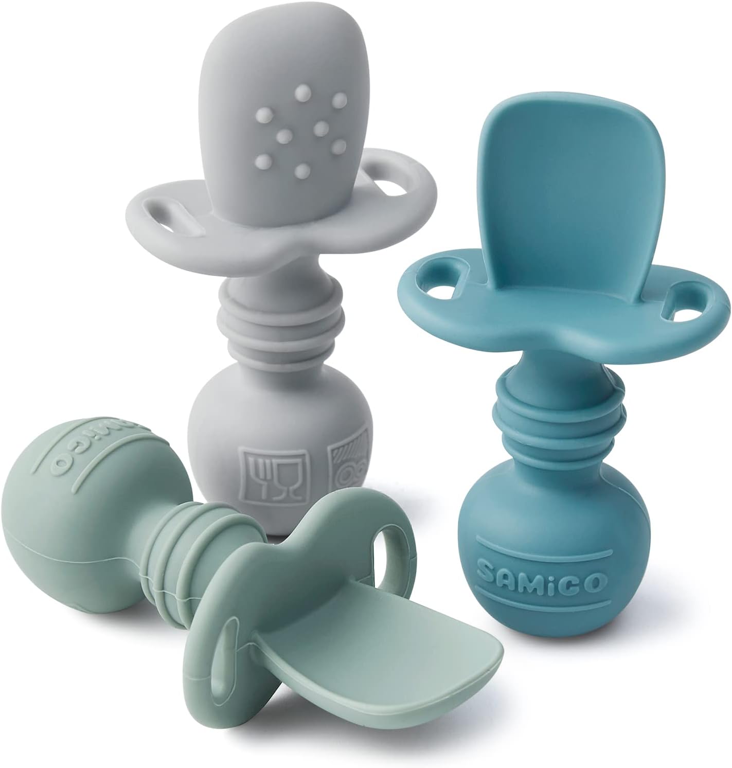 SAMiGO Silicone Baby Spoons Self Feeding 6+ Months - Infant Toddler Utensils - First Stage Baby Led Weaning Feeding Supplies - Set of 3 Pack