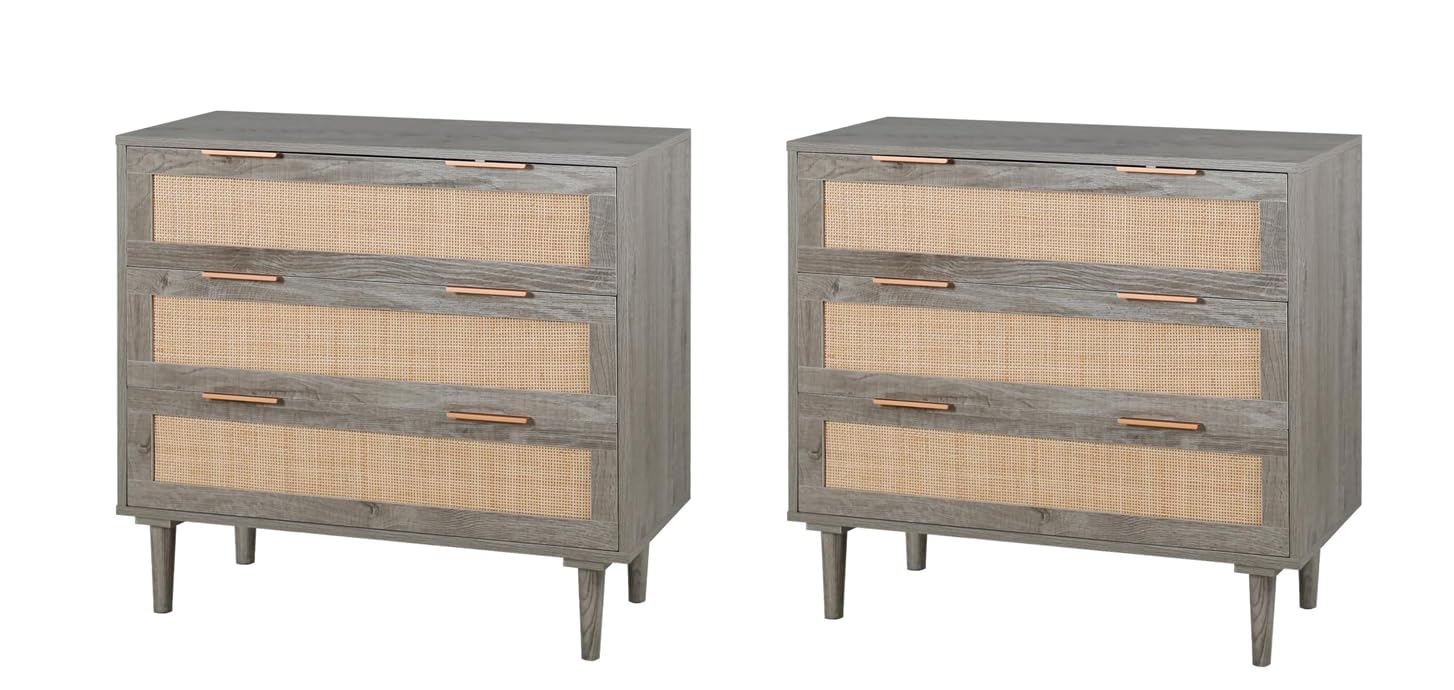 HOPUBUY Large Nightstand Set of 2 with Rattan Drawer, Modern 3 Drawer Night Stand for Bedroom, Wooden Bedside Table for Queen Size and King Size Bed,Grey