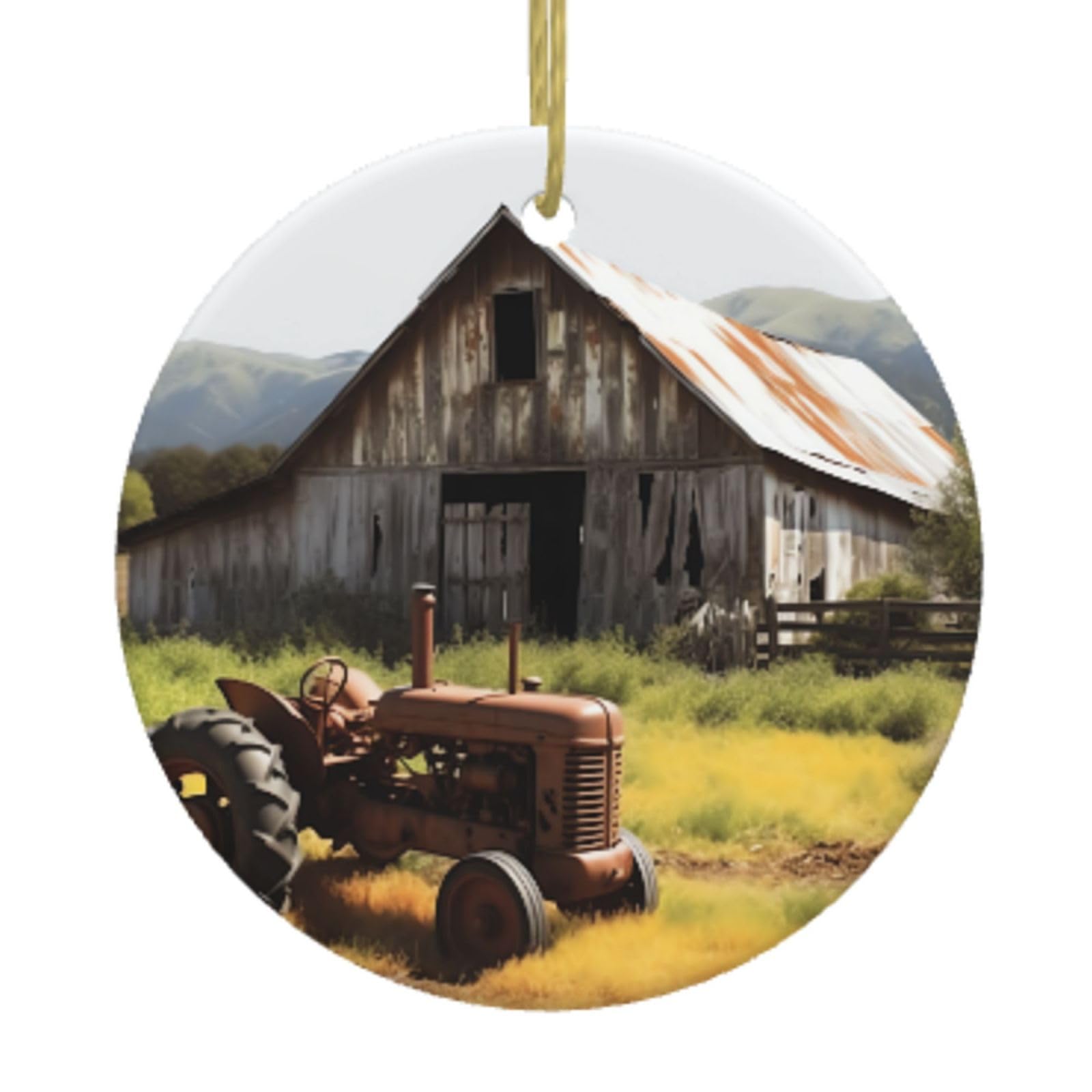 Ceramic Christmas Tree Hanging Ornaments with Gold Ropes Christmas Tree Decorations Round Ceramic Old Wooden Barn with Rusted Tractor Pendant Keepsake Decorations for Holiday Xmas Gift Ideas