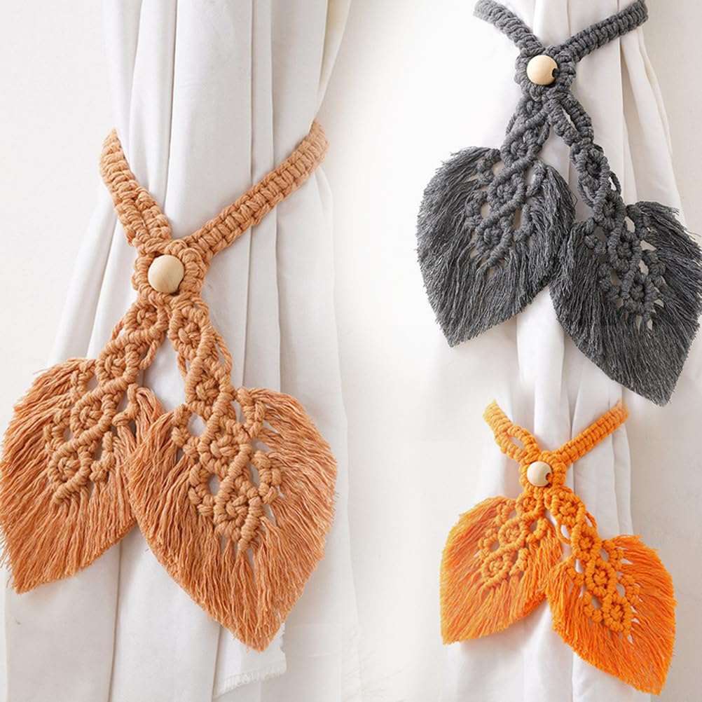 4PCS Boho macramé Rideau embrasses Feuille Pompon Design tissé à la Main Corde de Coton Ferme Rideau Attacher Dos Supports,4pack