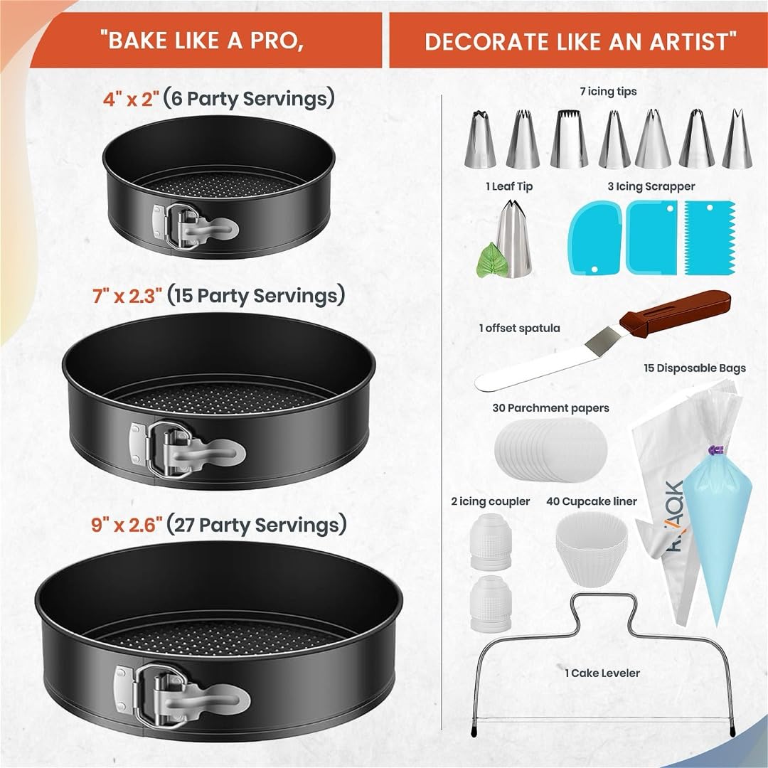Springform pan set of 3 round cake pan (4″/7″/9″) Inch – Non-Stick baking pans for cheesecake with Removable Bottom- Piping bags & tips-Icing Spatula- Cake leveler- 60 Cupcake Liners & E-book