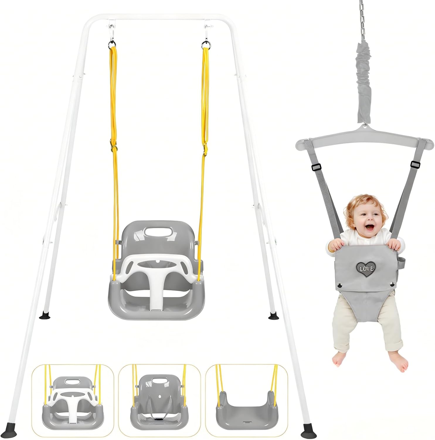 4-in-1 Toddler Swing Set & Baby Jumper and Bouncer for Toddlers, Foldable Baby Swing Stand for Outdoor Indoor Play, Easy to Assemble and Store for Ages 6 Months to 10 Years Old (White)