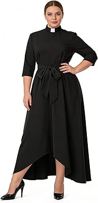 BPURB Church Dress for Women Half Sleeve Loose Elegant Clergy Maxi Dress with Tab Insert Collar and Belts