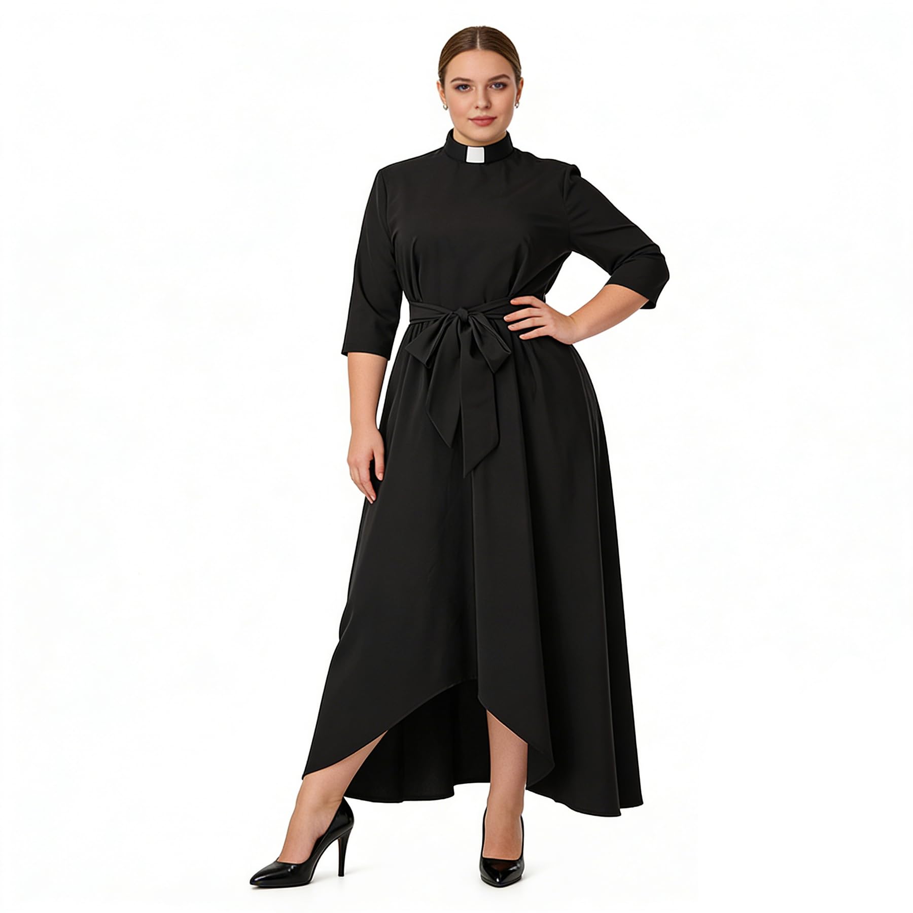Sukienka kościelna dla kobiet z półrękawem luźna elegancka sukienka maxi dla duchownych z kołnierzem i paskami