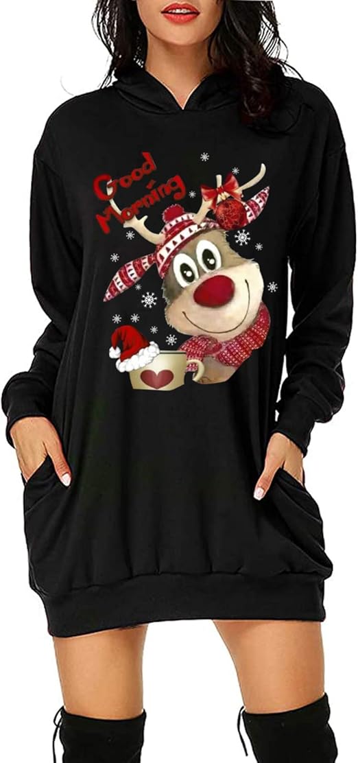 Women Hoodies Dress Cute Christmas Graphic Print Pullover Sweatshirt ...