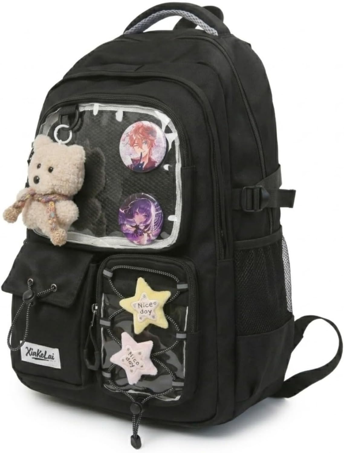 Clear Window ITA Backpack for Pin Display Casual Travel Daypack with Transparent Front Pocket Aesthetic Rucksack (Black)
