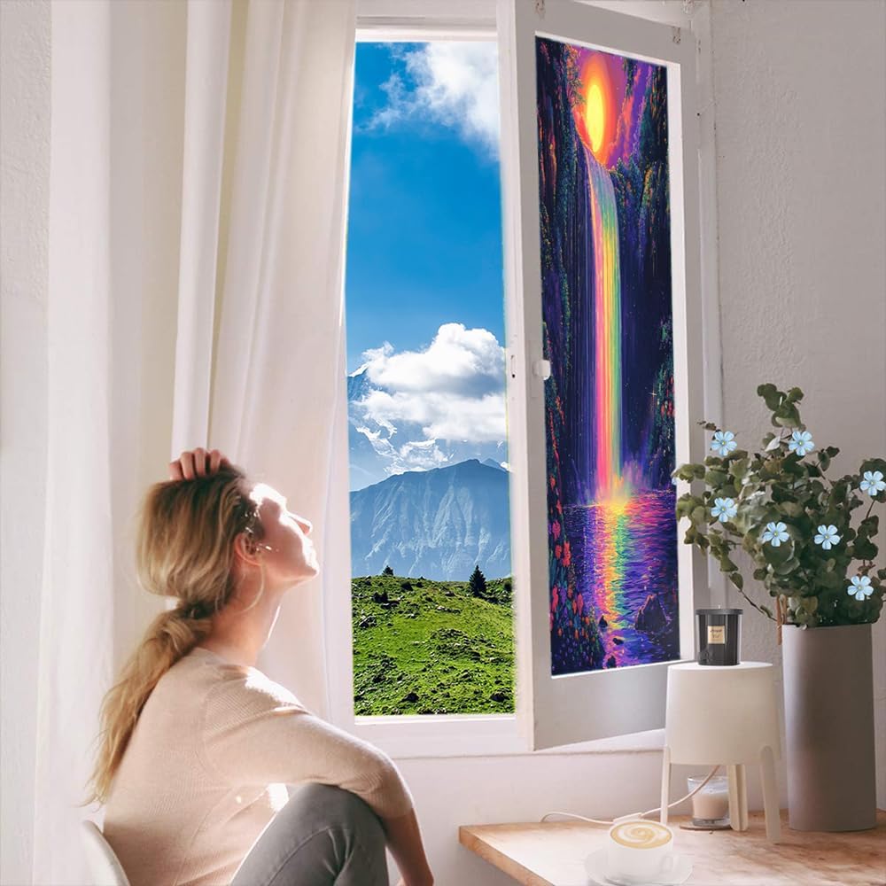 Abstract Waterfall Window Film Privacy Vintage Forest Night Scene Decorative Stained Glass Decal for Home, Adhesive Window Sticker 27.6Wx39.4L inch