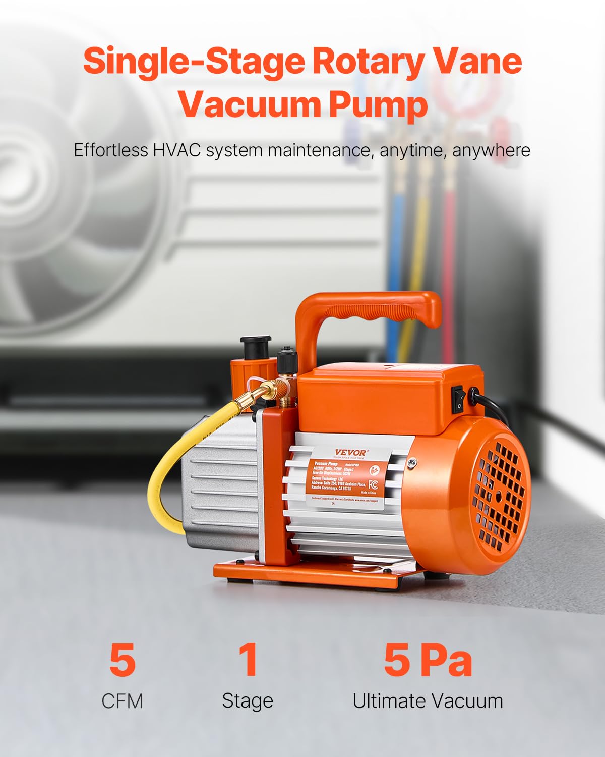 VEVOR Vakuumpumpe, 5 CFM, HVAC einstufige Drehschieber-Vakuumpumpe, für R134a R22 R410a Systeme, Auto-AC-Vakuumpumpen-Kit mit Ölflasche, für die Wartung von Auto-Klimaanlagen und Harzentgasung