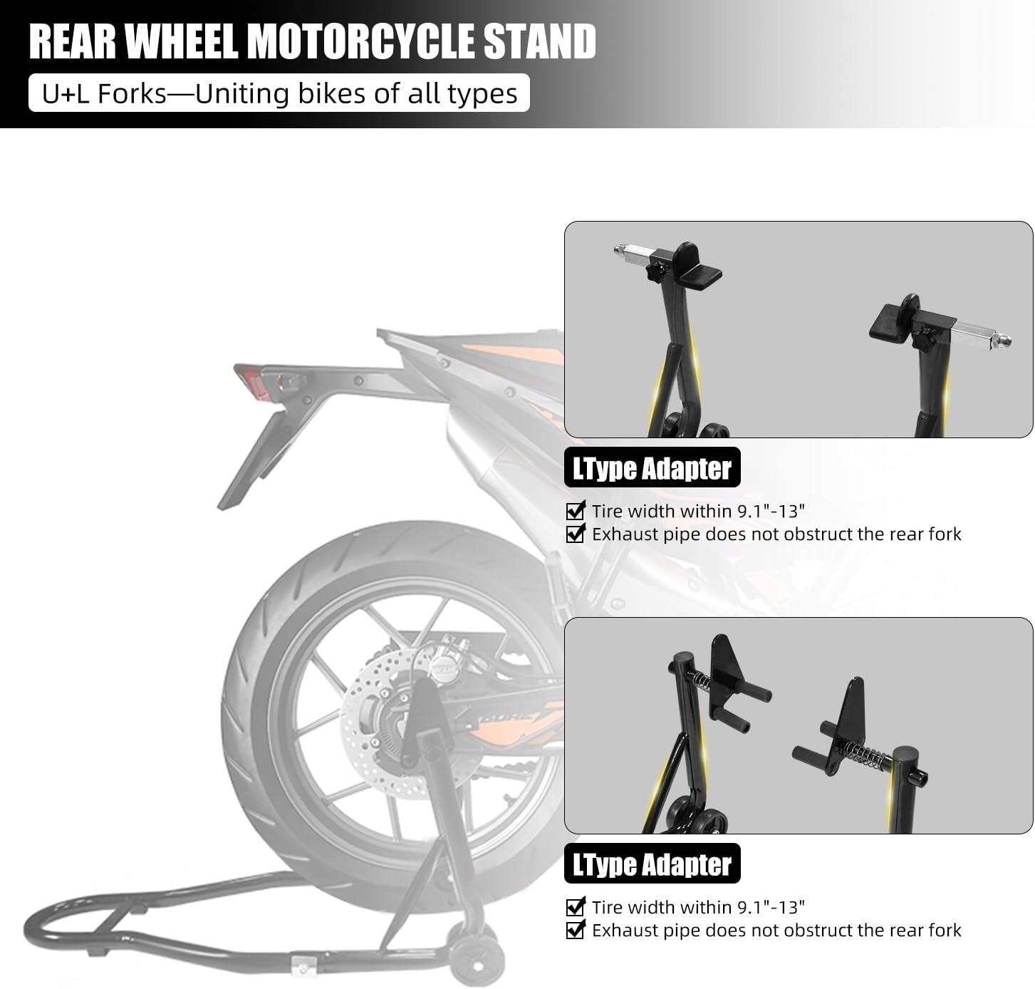 Motorcycle Universal Front Combo Wheel Fork Paddock Stand Lift for Yamaha Honda Kawasaki Suzuki Ducati for Sport Bike (Black)