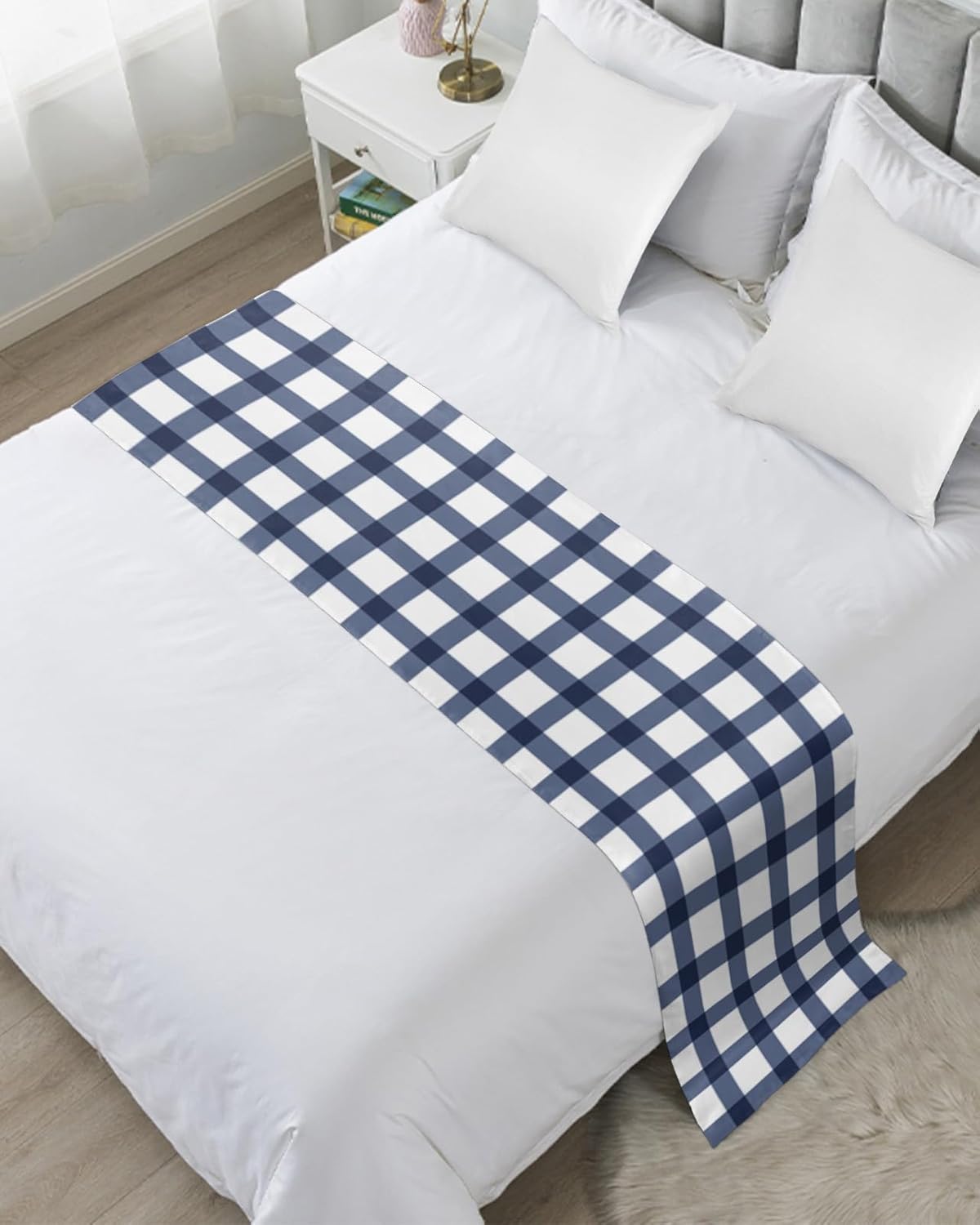 Teamery Bed Runners & Scarves, Farmhouse Blue Plaid Bed Runner, Bed Scarf Protector Decorative Accent Bedding Scarf for Hotels Homes and Guestrooms, 102 x 20 inches